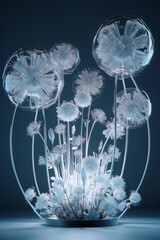 Translucent futuristic inorganic flowers, white background, behance, c4d, blender, OC renderer, dribble, high detail, 8k, studio lighting, art award, Cinema Lights. AI generative