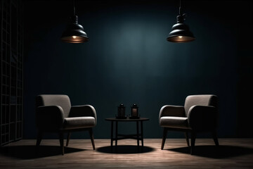 Two chairs and spotlights in podcast or interview room on dark background. AI generative