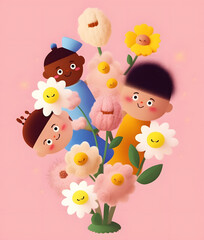 Kids day composition with cartoon characters and flowers. Kids day post card. Generative AI