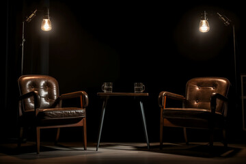 Two chairs and spotlights in podcast or interview room on dark background. AI generative