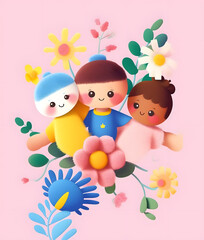 Kids day composition with cartoon characters and flowers. Kids day post card. Generative AI