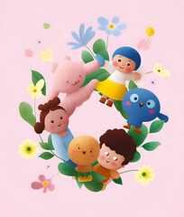 Kids day composition with cartoon characters and flowers. Kids day post card. Generative AI