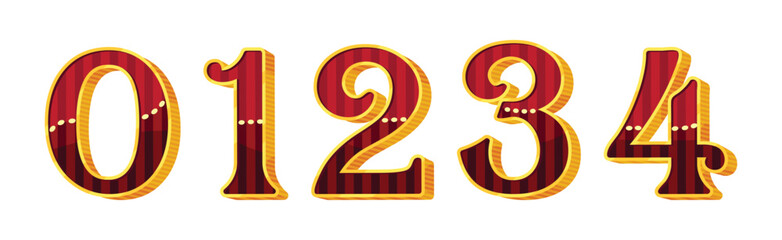 Numbers and Numerals in Circus Style with Volume Funfair Type Symbol Vector Set - obrazy, fototapety, plakaty