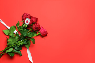 Roses with drawn Canadian flag and ribbon on red background