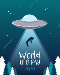 World UFO day vector poster with a flying saucer abducting a man on the green star sky background. © Maryna