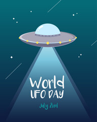 World UFO day vector poster with a flying saucer and World UFO day inscription on the star sky background.