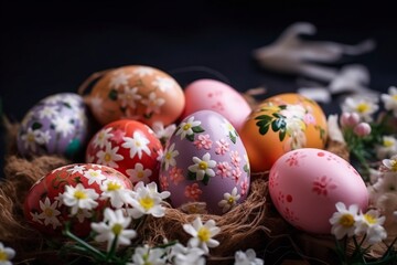 Naklejka na ściany i meble illustration, decorating easter eggs with spring flowers, ai generative.