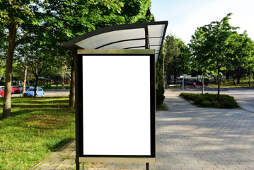 bus shelter blank with ad panel. billboard display. empty white lightbox sign at busstop. glass...
