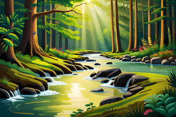 A small stream winding its way through a lush forest, sunlight filtering through the leaves overhead