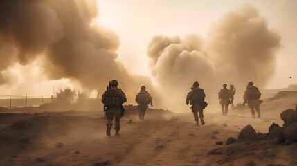Military special forces cross the battlefield through fire and smoke in the desert, wide poster style