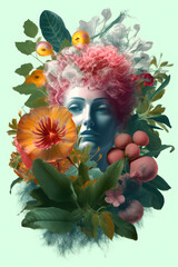 Woman with flowers around. Postcard, Generative AI