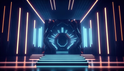 Light stage, pedestal podium. dark abstract sci-fi, technology room with orange and blue electric neon pillars and lines. Generative AI