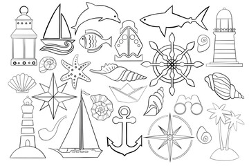 Marine thin line icon set. Outline web sign kit of nautical. Sea linear icons includes anchor, knot, wheel, rose wind. Simple marine black contour symbol isolated on white. Vector Illustration