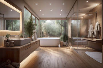 Fototapeta premium A bathroom with a tub, sink, and large window. AI generative. Cosy Norvegian house