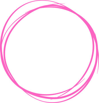 Pink circle line hand drawn. Highlight hand drawing circle isolated on white background. Round handwritten circle. For marking text, note, mark icon, number, marker pen, pencil and text check, vector