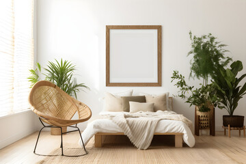 Stylish home interior with mock up frame above the bed. Green plants in interior as design. Generative AI Generative AI