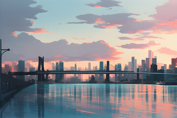 Fototapeta premium Sunset over New York city with bridges over the Hudson River Generated Ai