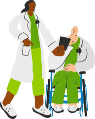 Doctors during consultation. A female doctor presents the diagnosis to a doctor in a wheelchair.