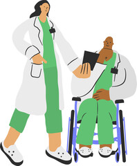 Doctors during consultation. A female doctor presents the diagnosis to a doctor in a wheelchair.