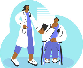 Doctors during consultation. A female doctor presents the diagnosis to a doctor in a wheelchair.