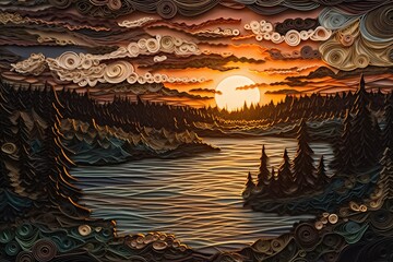 Paper cut 3d illustration of nature of russia, taiga, baikal and culture, with dark sunset, generative ai