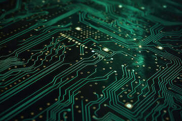 Digital Circuitry Wonders. Dive into the complexity of a close-up shot capturing a green circuit abstract background, symbolizing high-tech marvels. Copy space. Electronics concept AI Generative