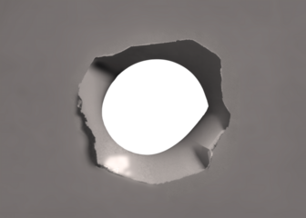 A hole, almost round and empty (transparent PNG), into a grey cardboard surface, the result of a shot. Illustration. Generative AI.
