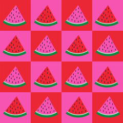Cute watermelon slices on red and pink checkerboards seamless pattern. For wrapping paper, fabric and textile 