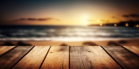 Fototapeta na wymiar Empty wooden surface with blurres sea background