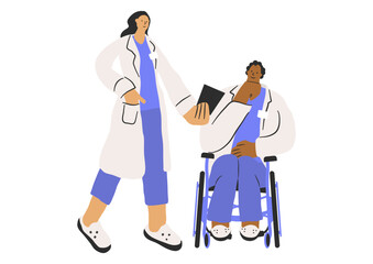 Doctors during consultation. A female doctor presents the diagnosis to a doctor in a wheelchair. Stylized shapes, vector characters. 
