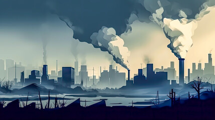 a illustration of a city full of pollution, industries, environment, generative ai.