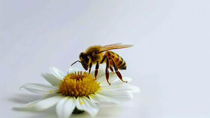 bee on flower on minimalist white background, generative ai