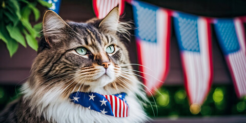 Cat celebrating 4th of July Independence Day, Memorial Day, USA. Generative AI