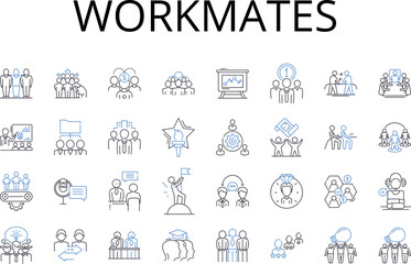 Fototapeta na wymiar Workmates line icons collection. Colleagues, Comrades, Peers, Partners, Cohorts, Associates, Allies vector and linear illustration. Teammates,Co-workers,Collaborators outline signs set Generative AI