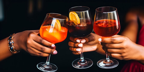 People hands toasting multicolored fancy drinks. Young friends having fun together drinking cocktails at happy hour. Social gathering party time concept