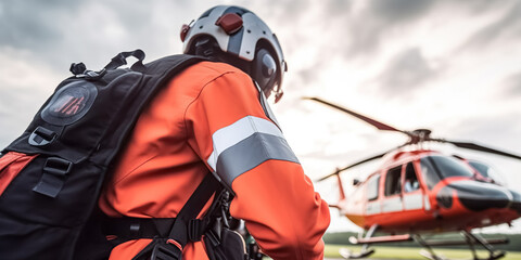 Helicopter emergency medical service. Paramedic running to helicopter on heliport. Themes rescue, help and hope.