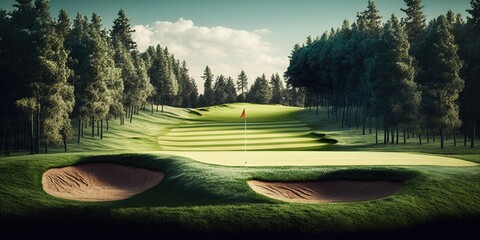 Panoravic view of golf course - obrazy, fototapety, plakaty