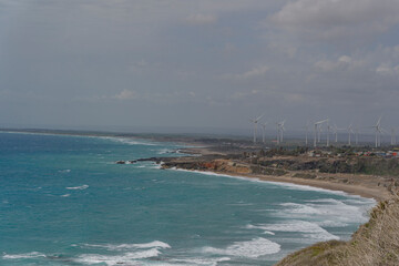 Field of wind generators on the seashore. Electricity generation.