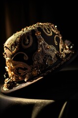 luxury hat in Gothic style, black and gold, decorated with lace and stones, generated in AI
