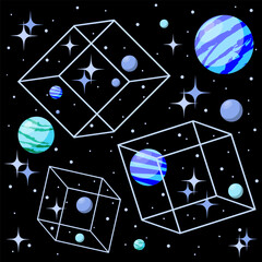 Abstract composition of transparent cubes in interstellar space with planets on a black background. Vector illustration for print, cover, poster.