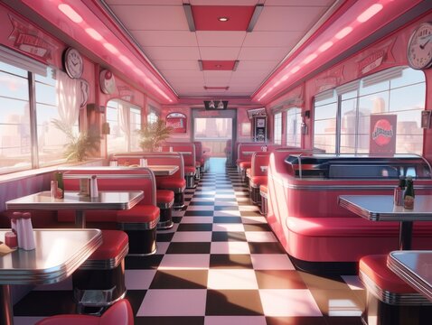 A diner car with red booths and black and white checkered floor. AI generative image.