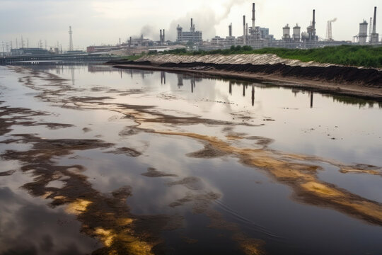 dirty water on the background of factory production. smoke. environmental pollution. waste production. ai generative