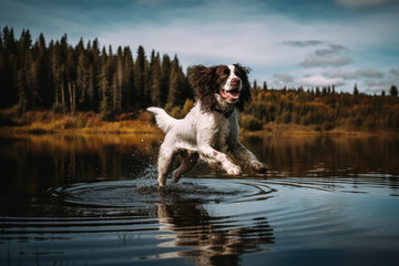 Playful Water Adventure. Energetic English Springer Spaniel Enjoying a Game of Frisbee and Playtime in the River. AI Generative - obrazy, fototapety, plakaty