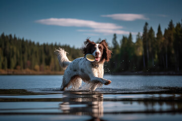 Playful Water Adventure. Energetic English Springer Spaniel Enjoying a Game of Frisbee and Playtime in the River. AI Generative