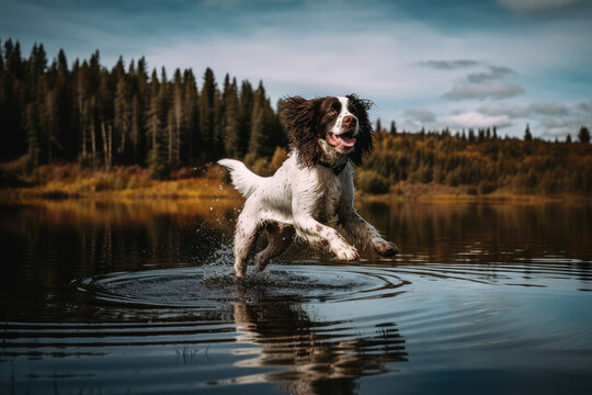 Playful Water Adventure. Energetic English Springer Spaniel Enjoying a Game of Frisbee and Playtime in the River. AI Generative