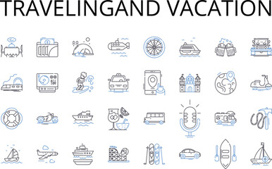 Travelingand vacation line icons collection. Journeying, Roaming, Sightseeing, Touring, Exploring, Backpacking, Trekking vector and linear illustration. Wandering,Globetrotting,Road Generative AI