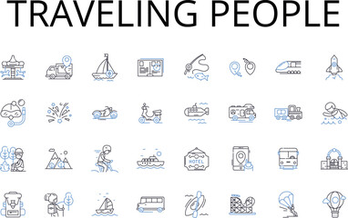 Traveling people line icons collection. Roaming nomads, Wanderlust enthusiasts, Exploring travelers, Adventurous tourists, Jet-setting voyagers, Wayfaring wanders, Peripatetic souls Generative AI