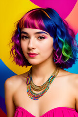 Young cute beautiful girl close-up with bright wavy or curly rainbow multicolored hair and necklace on color background. Generative AI.