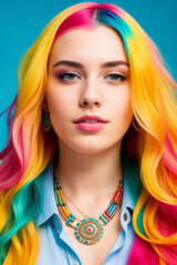 Young cute beautiful girl close-up with bright rainbow multicolored hair and necklace on color background. Generative AI.