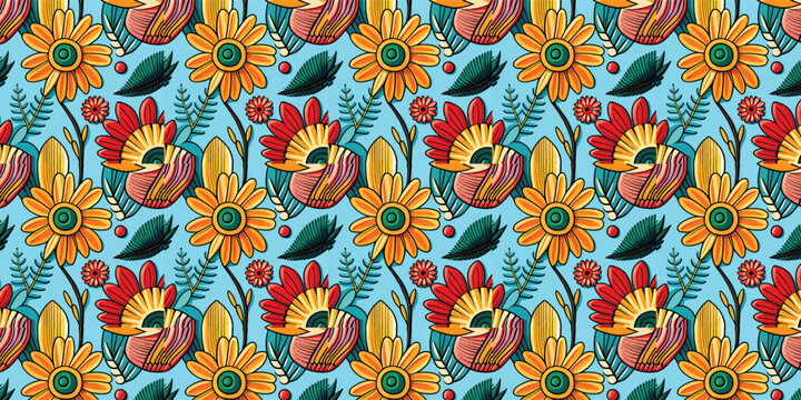 Beach cheerful seamless pattern wallpaper of leaves and flower background. Vector illustration of a seamless textile and fashionable colorful tropical floral pattern.